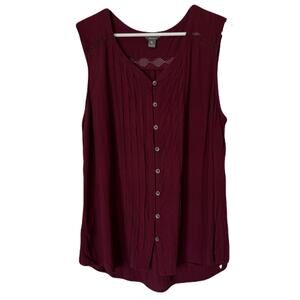 Eddie Bauer Burgundy Sleeveless Blouse, Pin Tuck Front, Lace Detail on Yoke-2XL